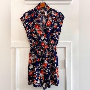 Sunny Girl Navy Floral Short-Sleeve Romper with Red & White Flowers
